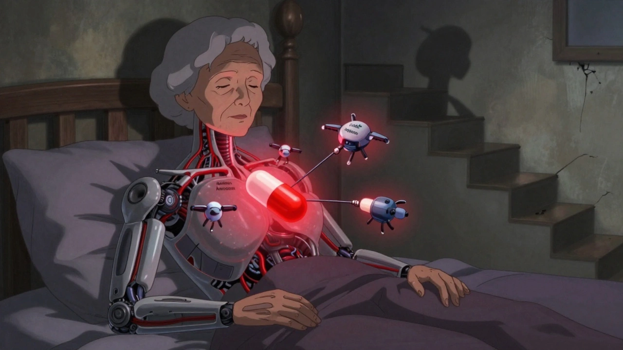 An elderly woman with internal sedative robots locking onto her nervous system, representing increased fall risk.