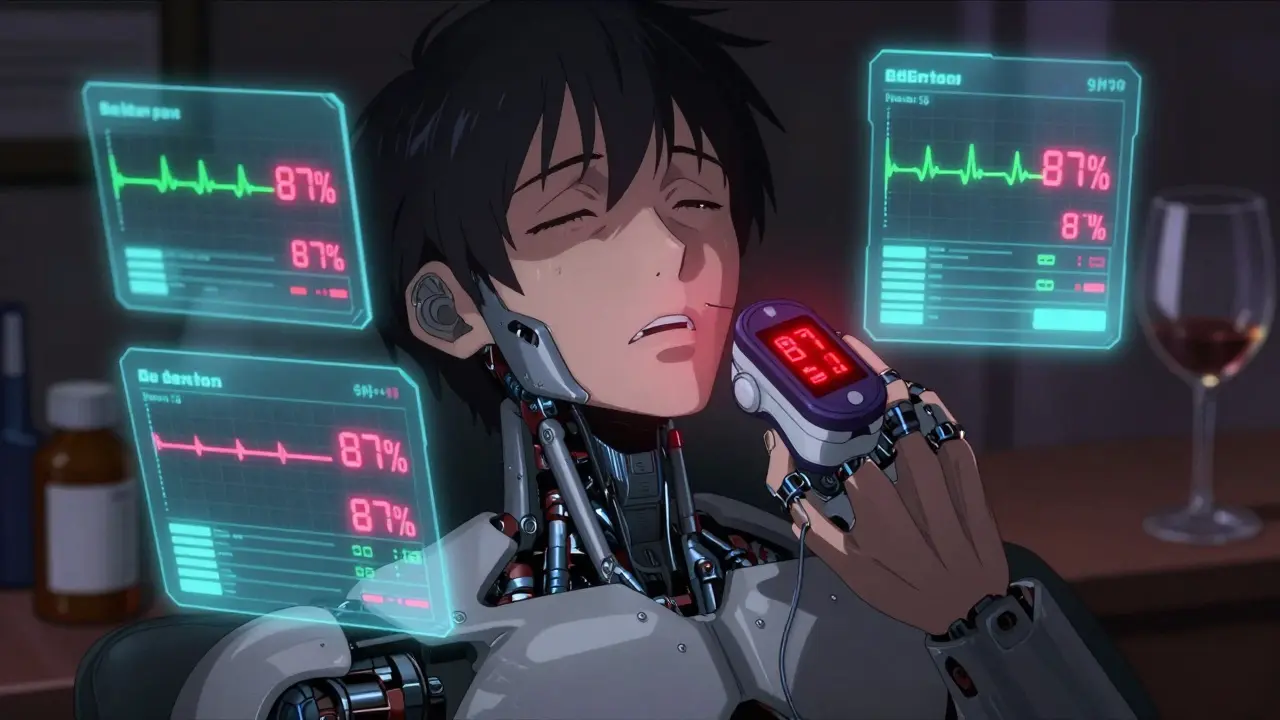 Close-up of face with slow breathing, digital oximeter showing 87% oxygen, floating vital signs in red, pill bottles blurred in background.