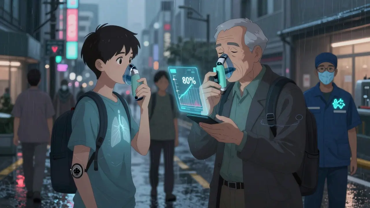 Diverse patients using smart inhalers with AR interfaces in a rainy urban city at twilight.