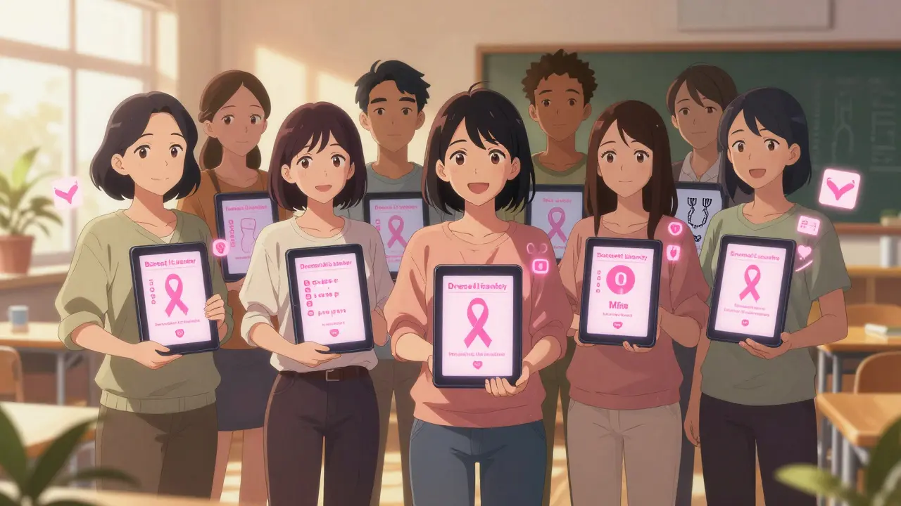 Diverse women reviewing personalized breast cancer risk data on glowing tablets in a sunlit center.