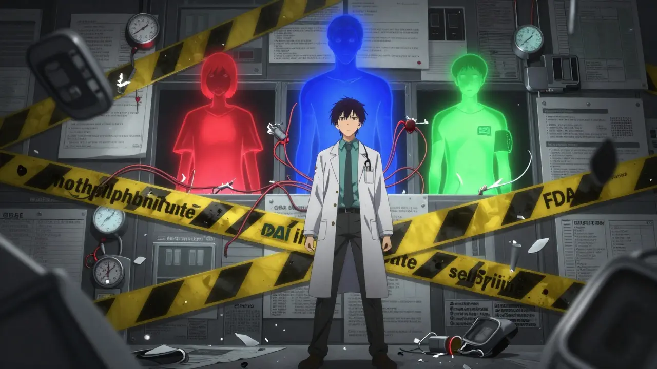 Doctor facing a barrier of medical warnings and shattered gauges, patients connected by sparking wires.