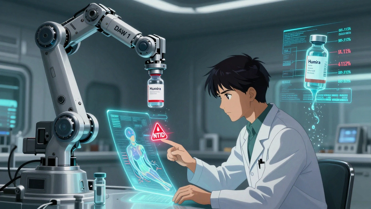 Doctor points at a holographic NTID warning as a robotic arm places a brand-name biologic vial into storage.