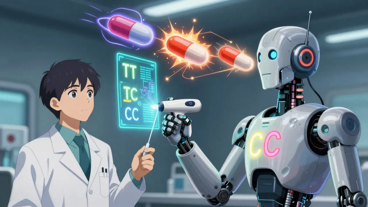 Doctor scanning a cheek swab while holographic genetic results and statin pills float in a futuristic clinic.