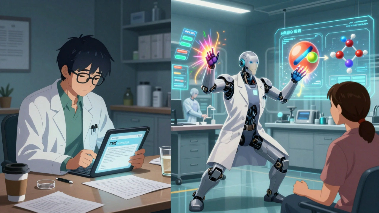 Doctor transitioning from dull CME study to confident patient consultation with AI-generated drug comparison visuals.