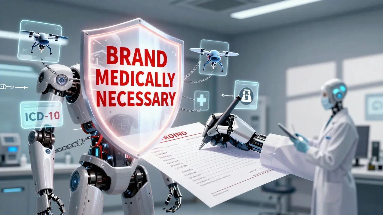 Doctor writing 'Brand Medically Necessary' as digital insurance drones try to override the prescription.
