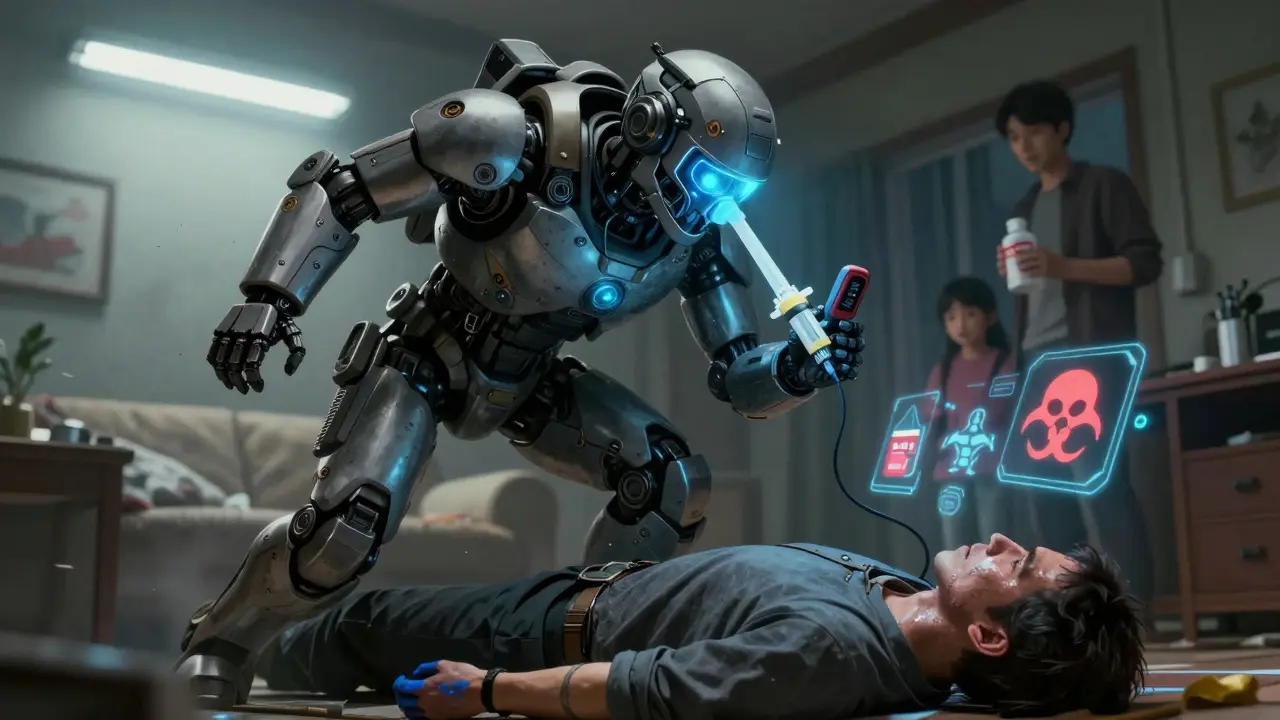 Emergency responder administers nasal midazolam to unconscious patient, glowing holographic warnings above, family member holding medication in background.