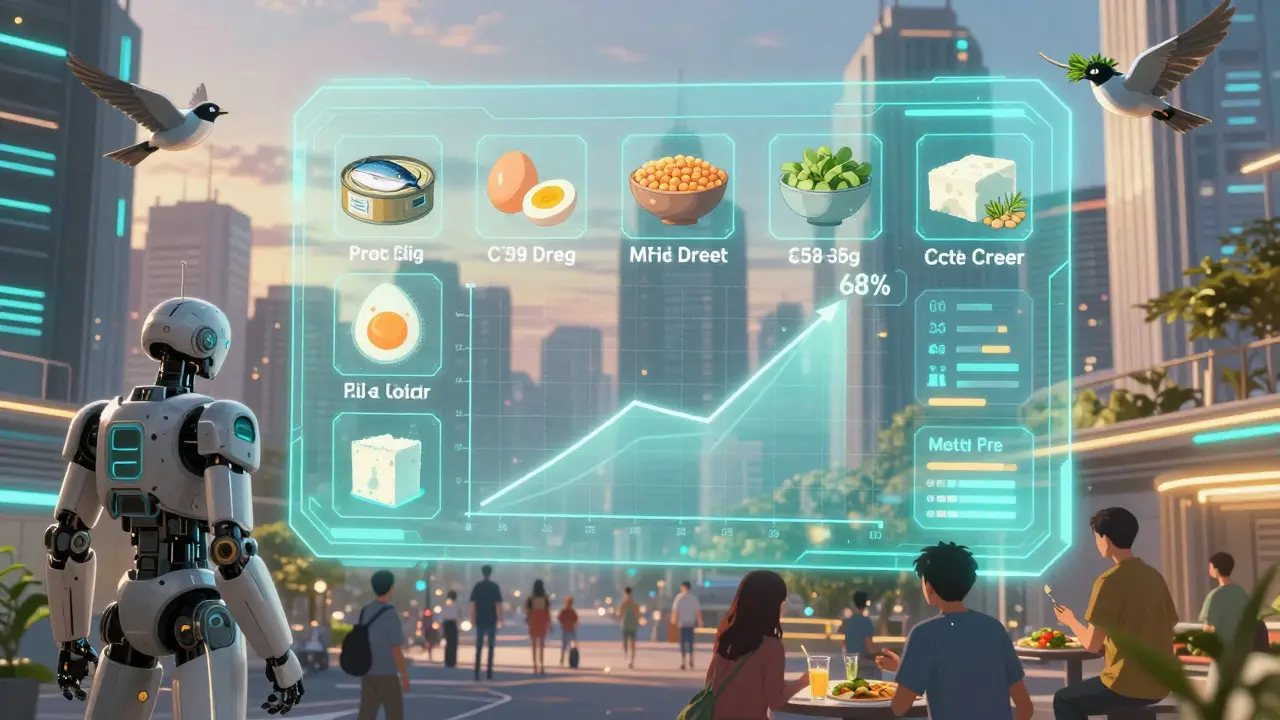 Futuristic nutrition dashboard with affordable protein icons and success rate graph, hovering over a cyberpunk city at dawn.