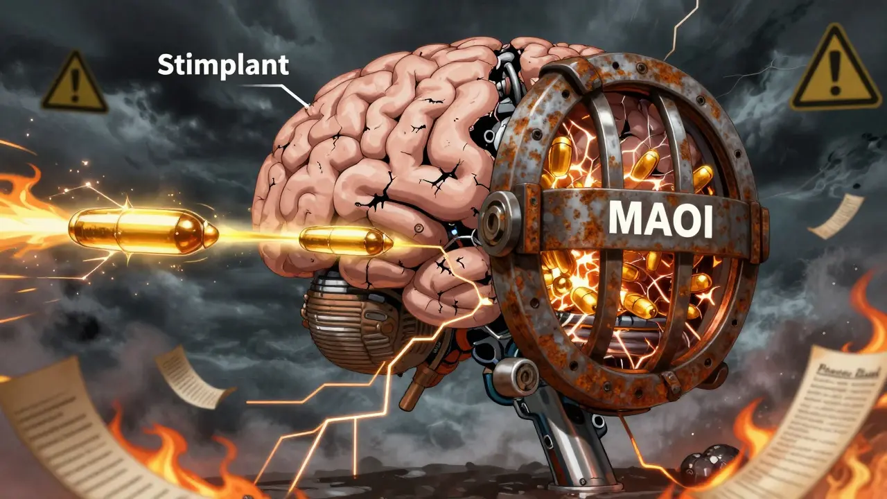 Mechanical brain with stimulant projectiles trapped by a sealed MAOI enzyme gate, sparking with overload.