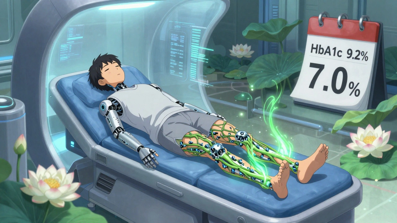 Nano-machines repairing damaged nerves with green energy, as HbA1c levels drop and lotus flowers bloom.