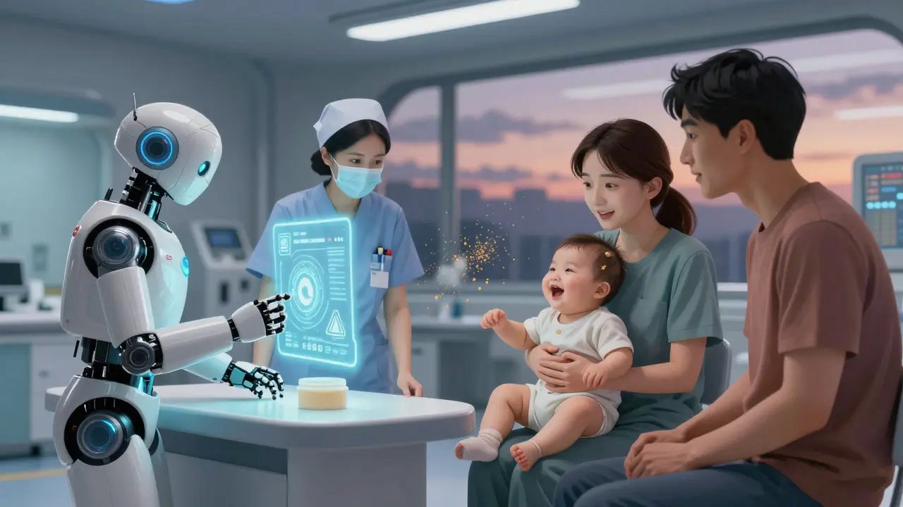 Parents at a futuristic clinic with holographic peanut allergy guidance.