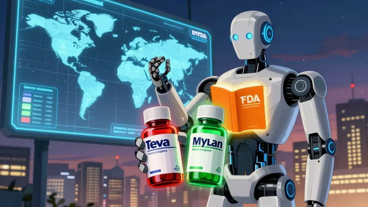 Patient holding two different generic pill bottles with a giant FDA robot scanning them for equivalence.