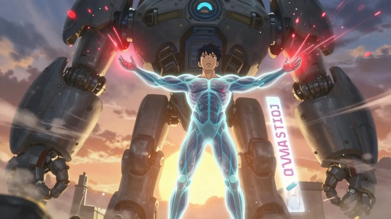 Patient protected by genetic shield as safe statins pass through a robotic gate, simvastatin blocked.