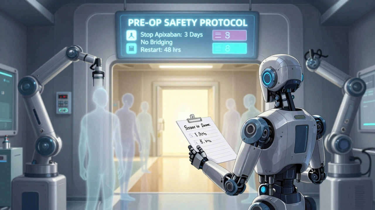 Patient stands before a digital safety protocol portal, robotic arms delivering medication timelines as ghostly figures fade behind.