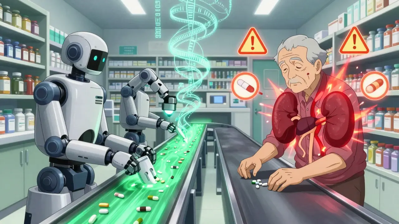 Pharmacy robots sorting pills into green and red streams for healthy and frail elderly patients with warning icons.