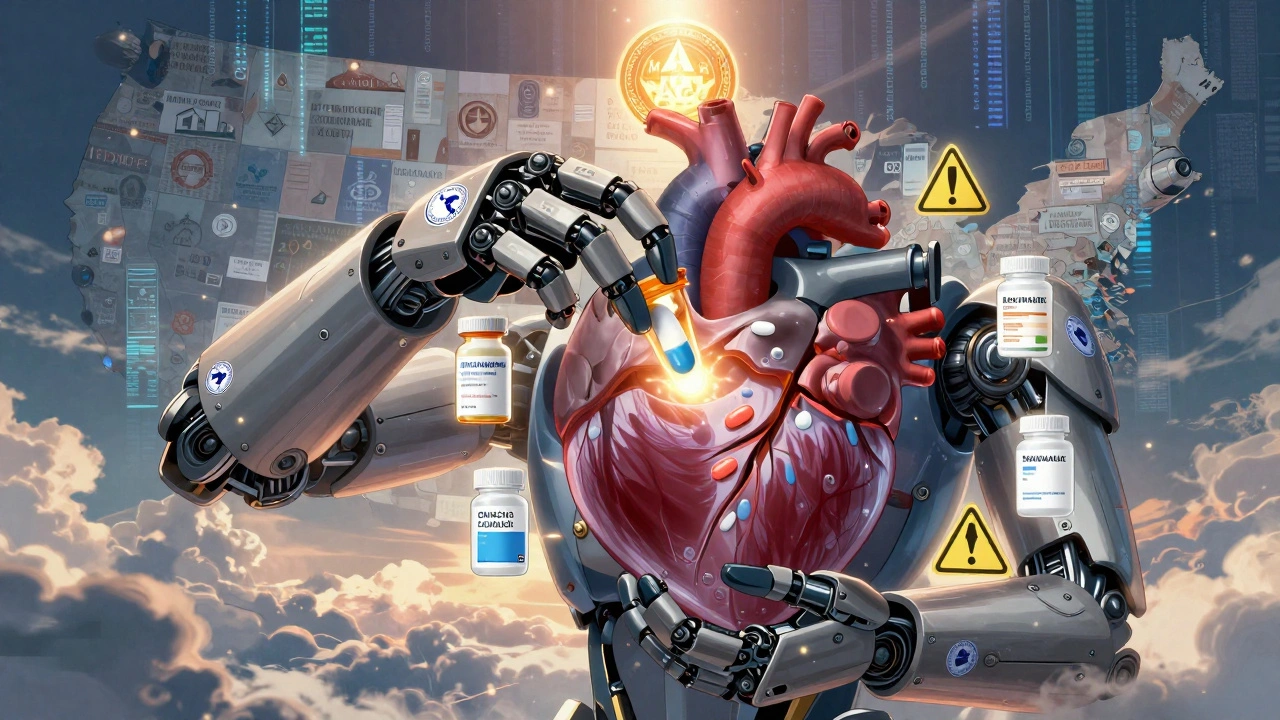 Robotic arm placing a generic pill into a patient&#039;s heart, surrounded by biosimilar icons and FDA seals under dawn light.