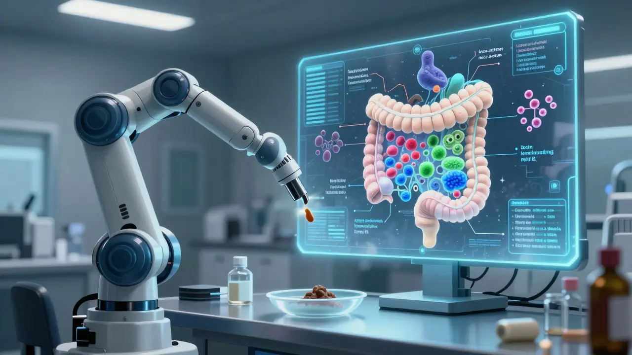 Robotic arms analyzing a stool sample with a holographic microbiome map showing color-coded drug-metabolizing bacteria.