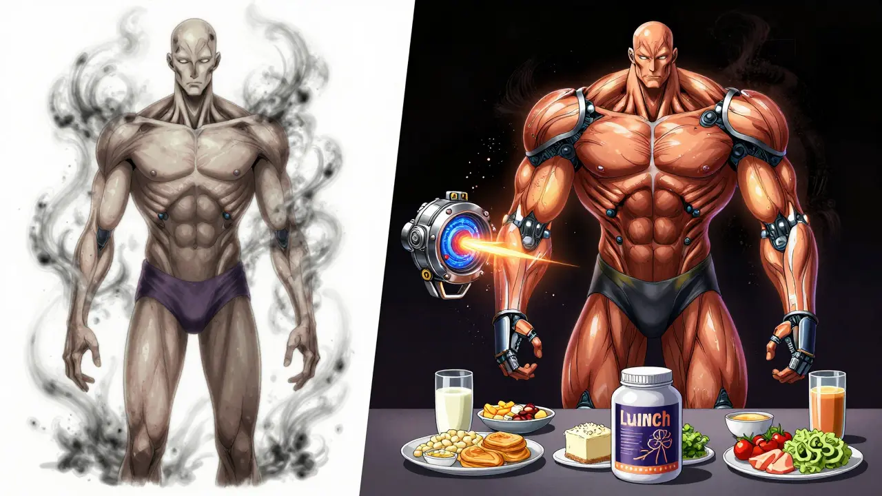 Split scene: a fading figure losing muscle vs. a strong armored figure fueled by protein meals, in real robot anime style.