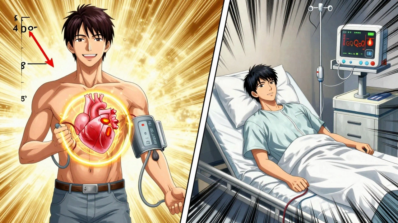 Split scene: one side shows healthy blood pressure decline with CoQ10 energy, the other shows medical emergency from warfarin interaction.