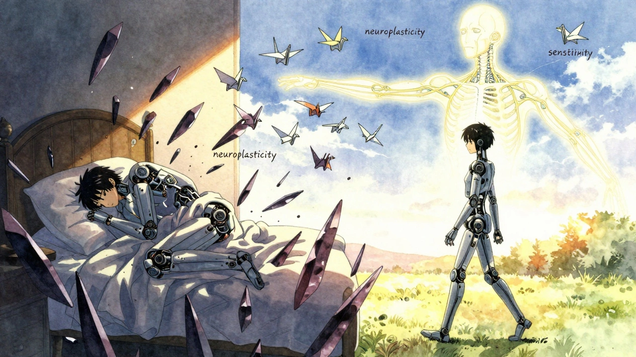 Split scene: person in pain vs. person walking freely, pain turned into paper cranes with neuroscience concepts.