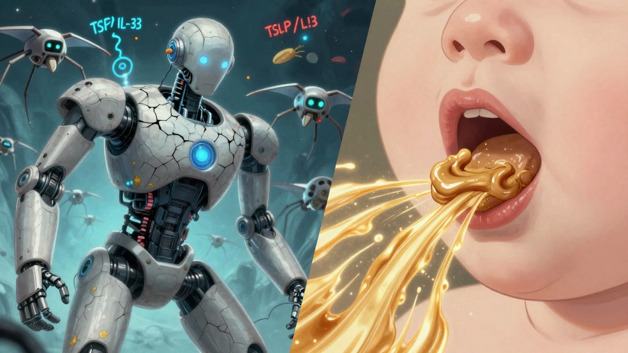 Split-screen: allergens entering skin vs. peanut intake triggering tolerance, mechanical style