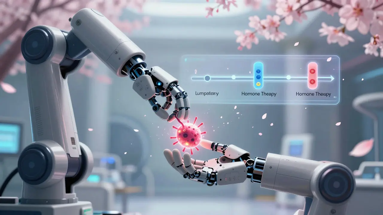 Surgeon placing a glowing tumor model into a robotic arm, with a timeline of treatment unfolding behind.