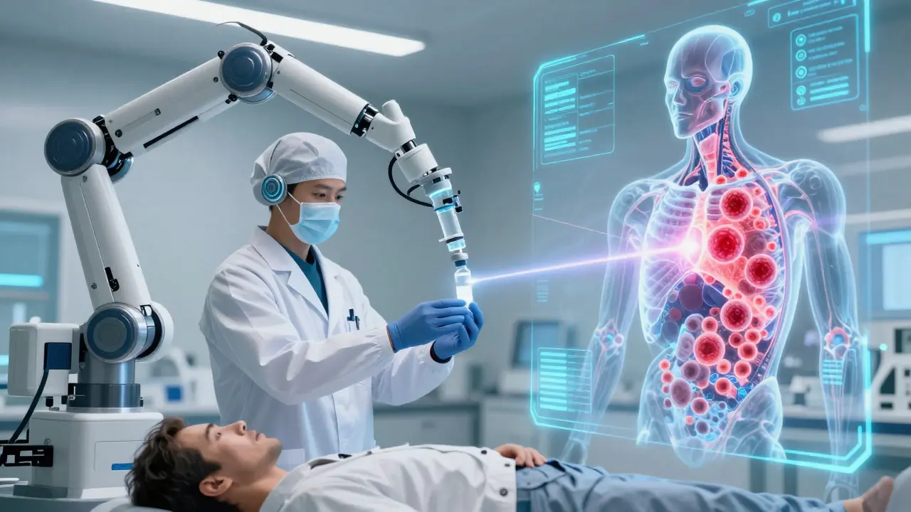 Technician injecting biologic medication into a patient's projected internal airway model.