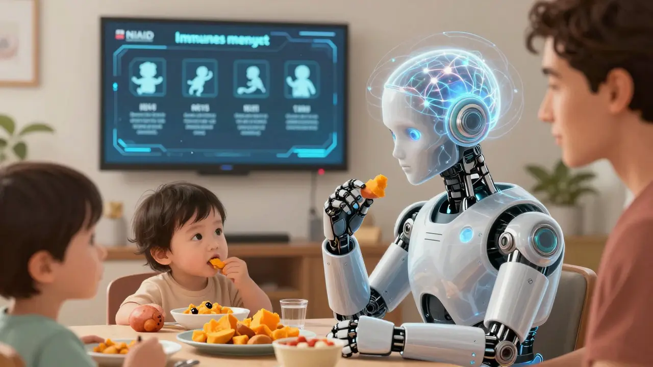 Toddlers eating peanut snacks with glowing immune system visualization in background.