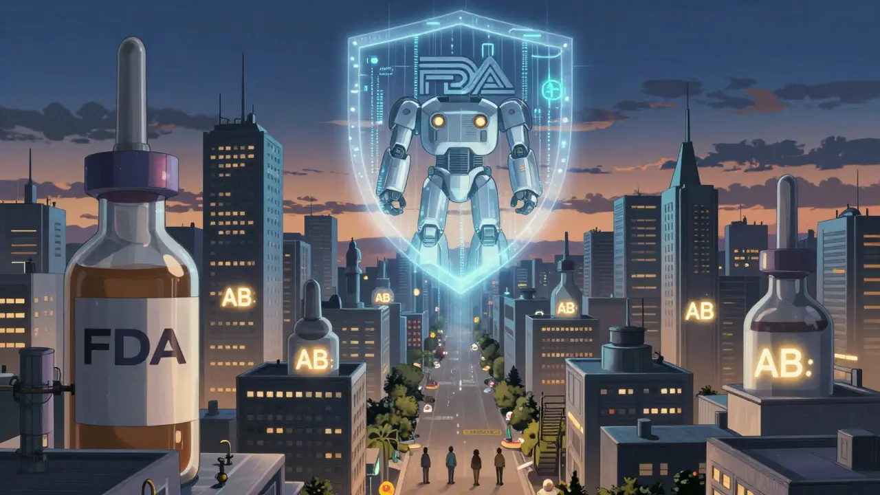 A city of drug vial buildings with AB-rated safety icons pulsing under a giant FDA emblem.