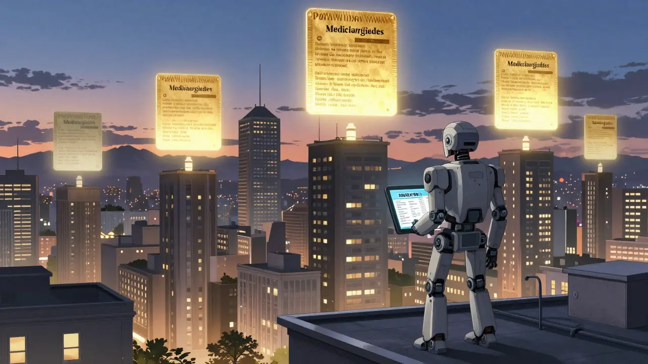 A cityscape with floating Medication Guides above buildings, one person viewing the updated FDA PMI database on a tablet.