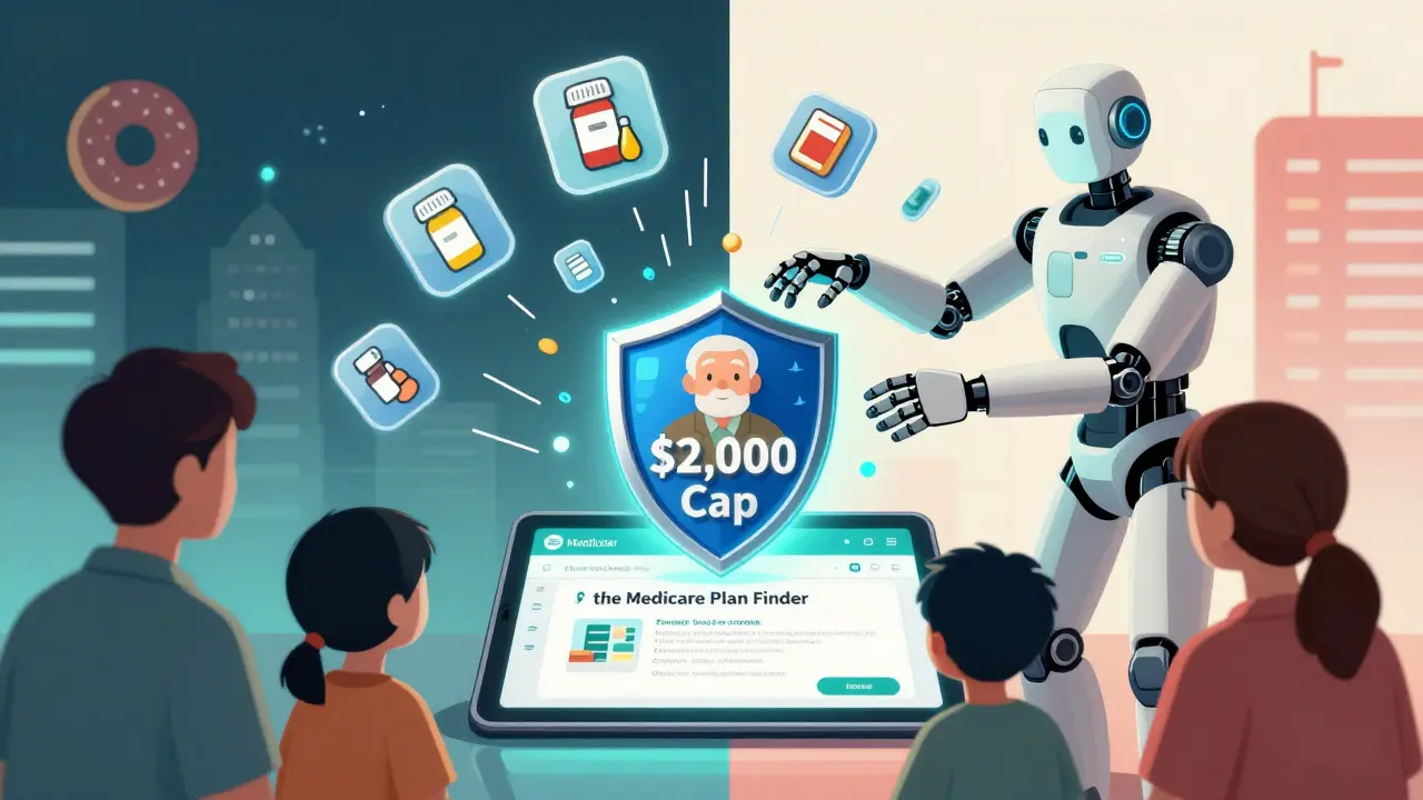 A family viewing a digital Medicare plan comparison with a glowing ,000 out-of-pocket cap protecting them.