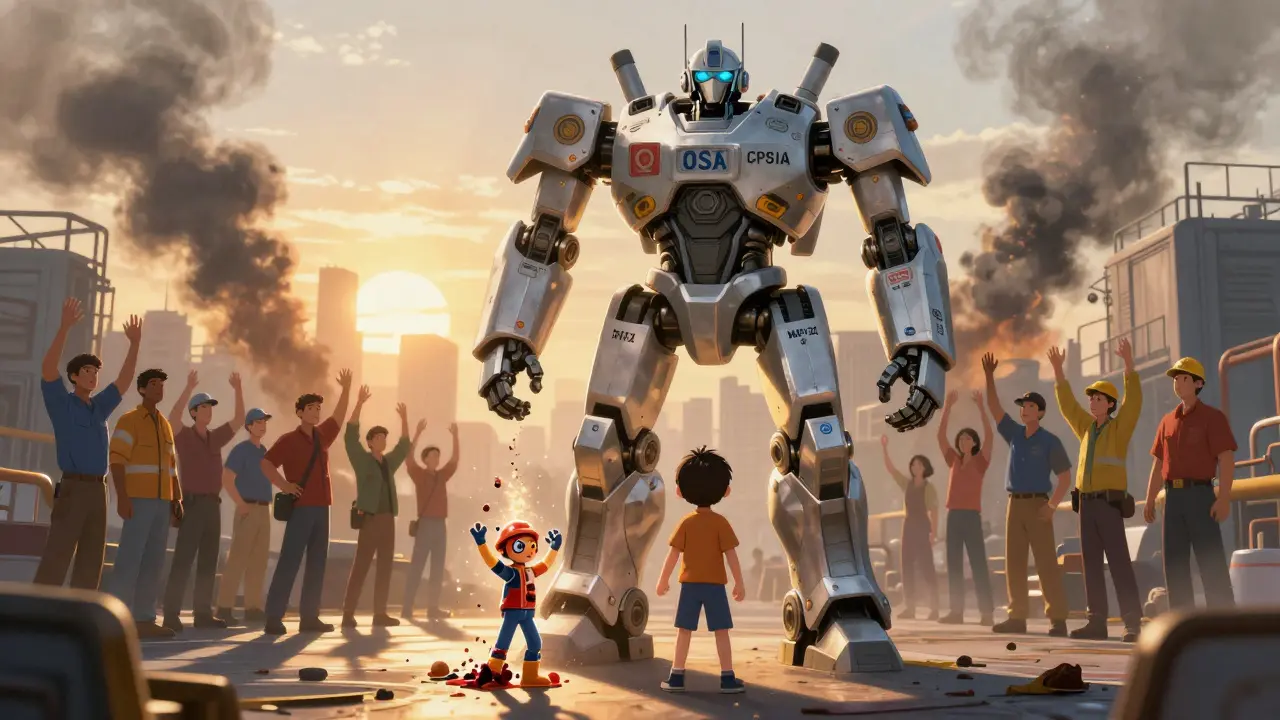 A giant robot made of safety laws rises from a factory floor, protecting workers as dawn breaks over the industrial skyline.