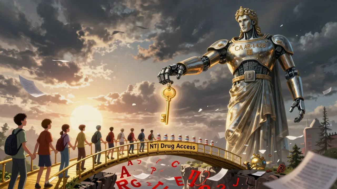 A golden bridge of medication access spanning a chasm of denial, with patients reaching toward a law statue at dawn.