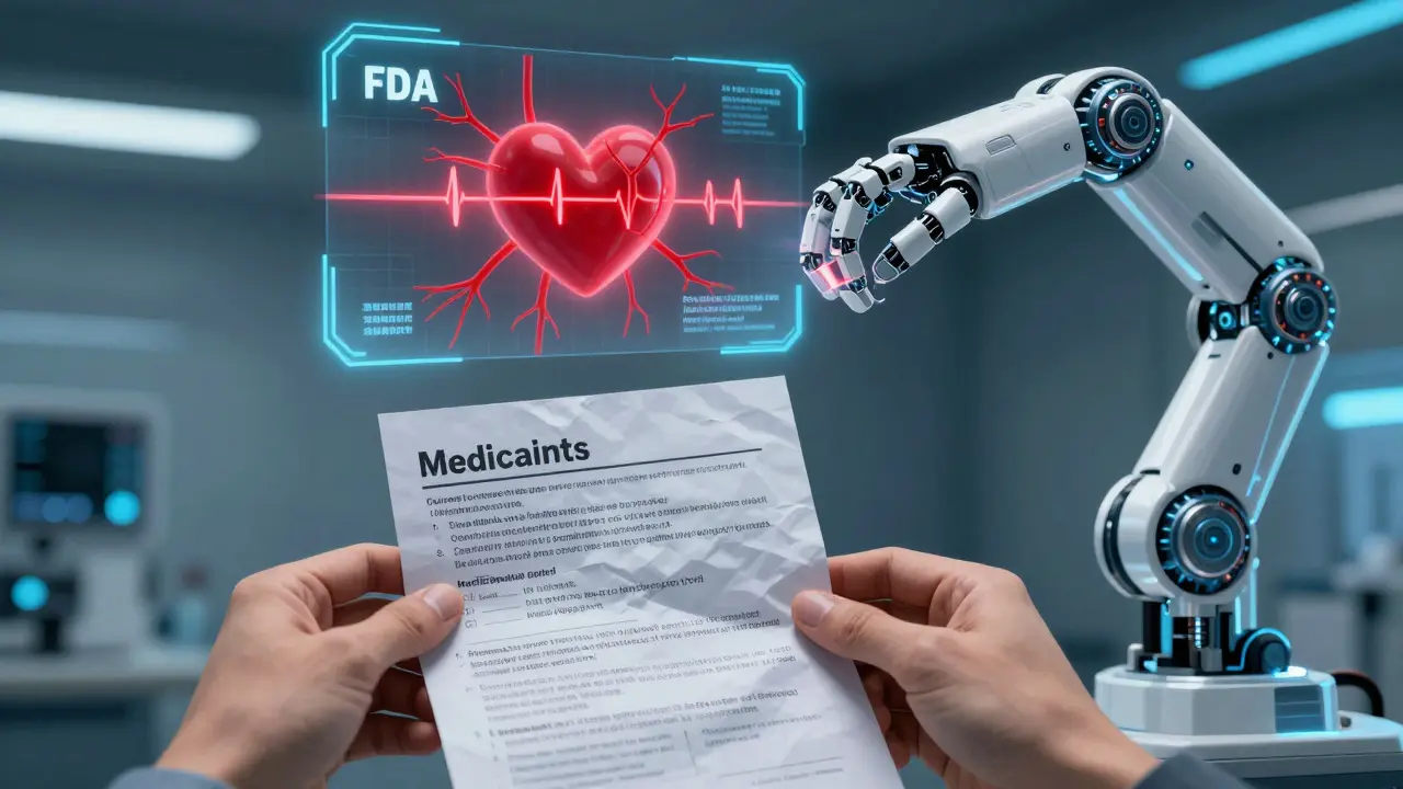 A hand holds a paper guide as a robotic arm projects critical drug safety warnings in 3D above it.