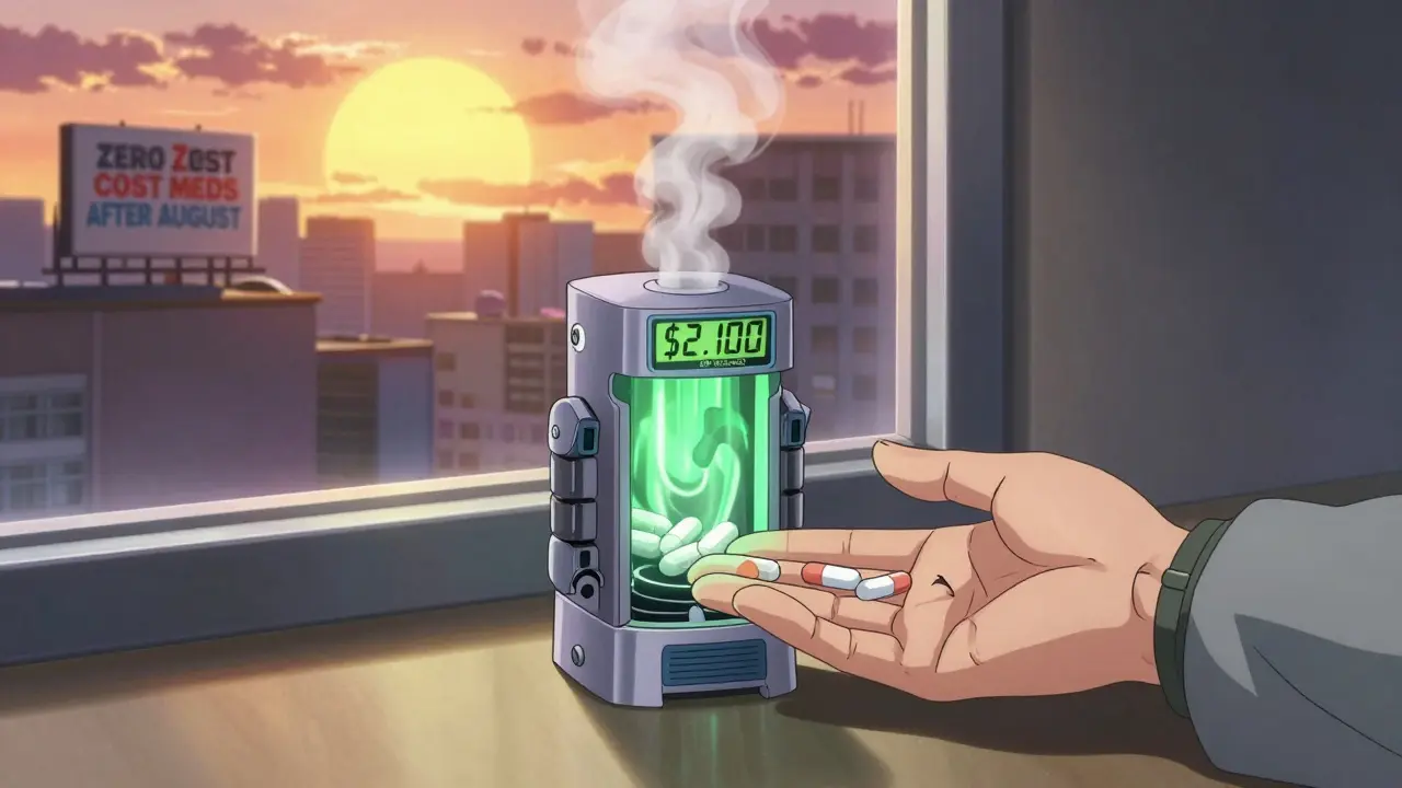 A hand places three generic pills into a robotic dispenser that flashes 'CAP REACHED' with green energy.