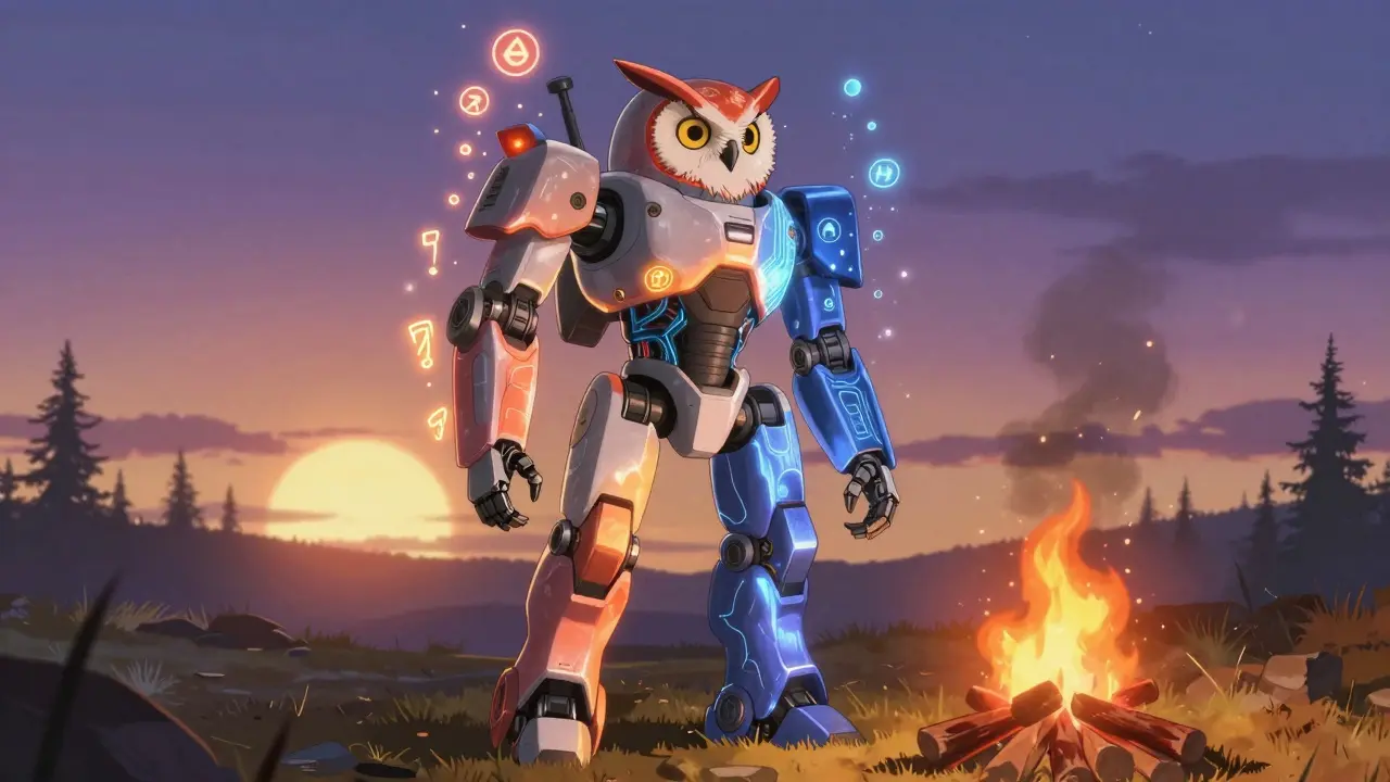 A hybrid lark-owl robot in nature, bathed in converging sunlight and moonlight, with shifting armor and glowing symbols.