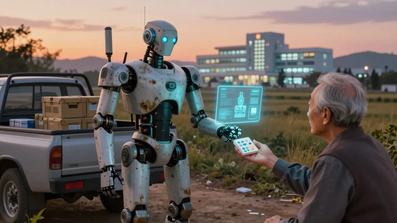 A lone robotic pharmacist stands outside a rural clinic, contrasted with a distant automated hospital.