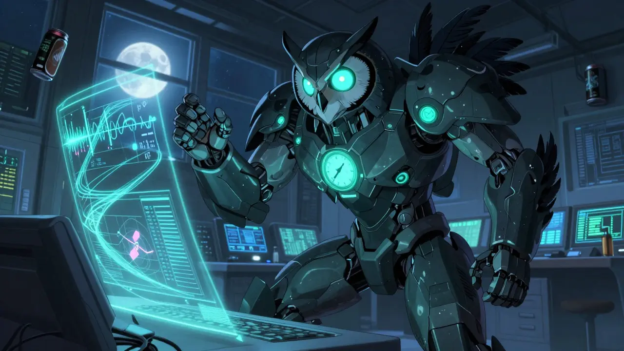 A night owl mech operating in a dim data center with holographic sleep graphs and bioluminescent eyes.
