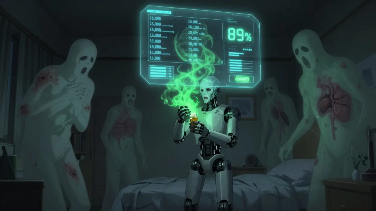 A patient holds a pill bottle emitting ghostly symptoms as a powerful AI system analyzes drug safety data above them.