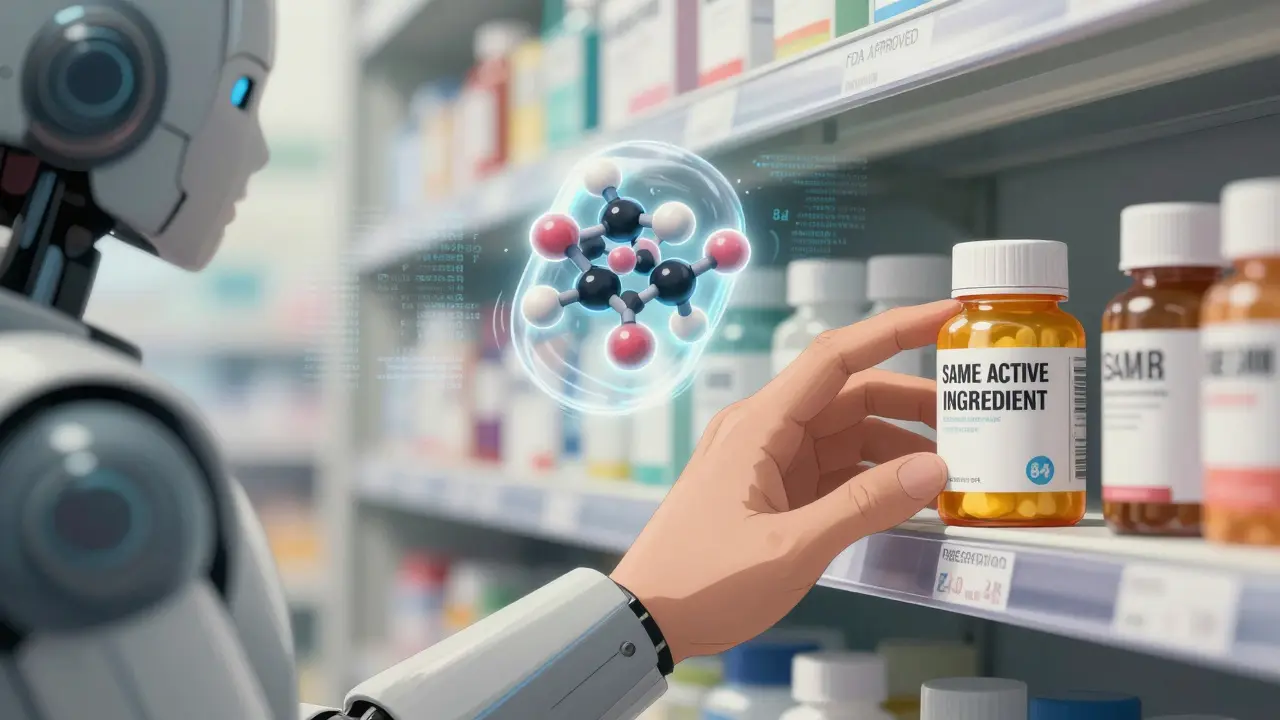 A patient reaches for a brand pill as a transparent generic pill glows with identical molecular structure.