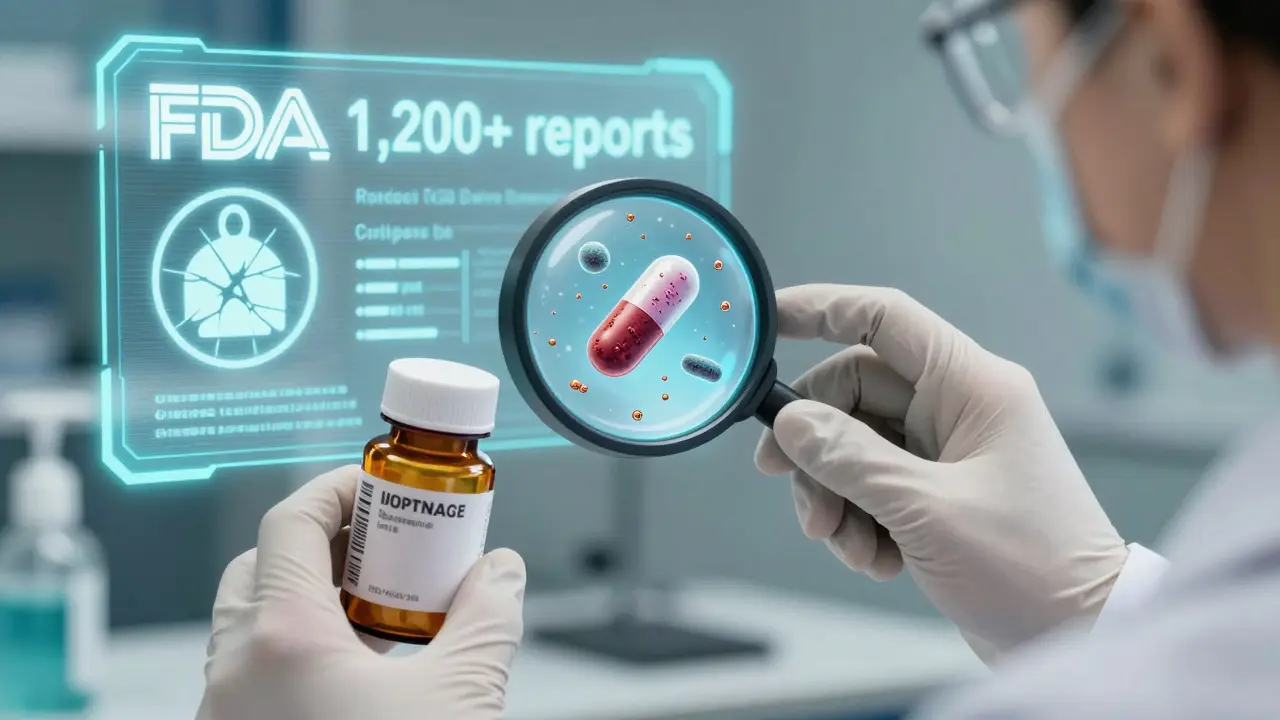 A pharmacist scans a pill bottle with a holographic device revealing microscopic contaminants inside the capsule.