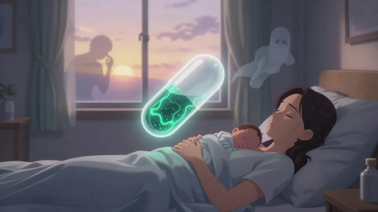 A postpartum mother rests as a floating capsule emits calming waves, symbolizing rapid depression relief.