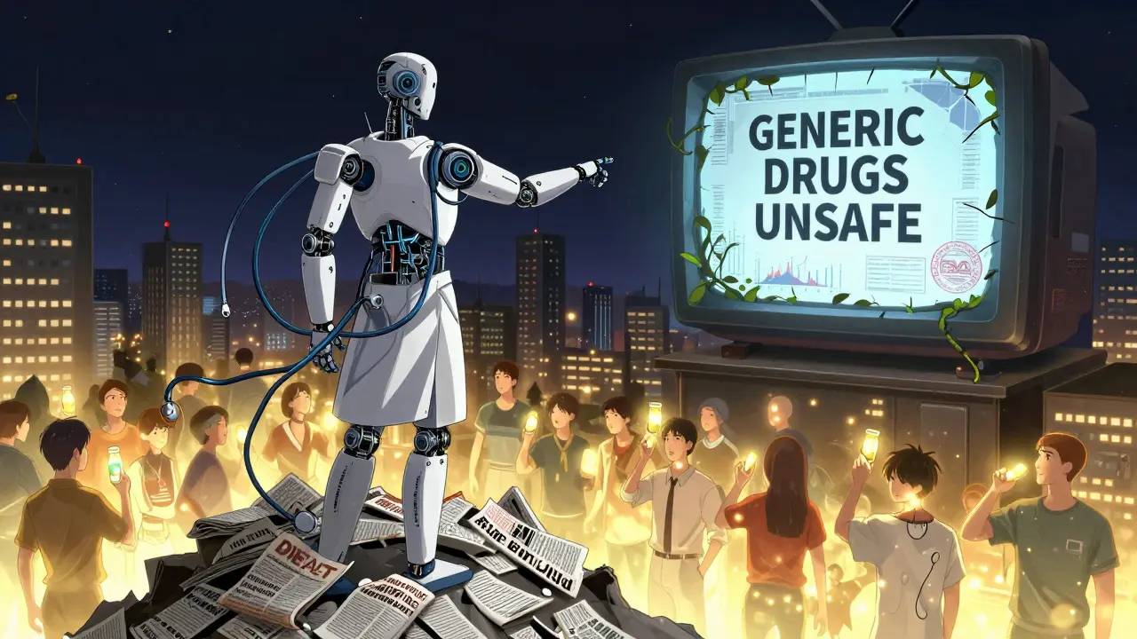 A robotic doctor points to a city where people take generics confidently, surrounded by fading fear headlines.