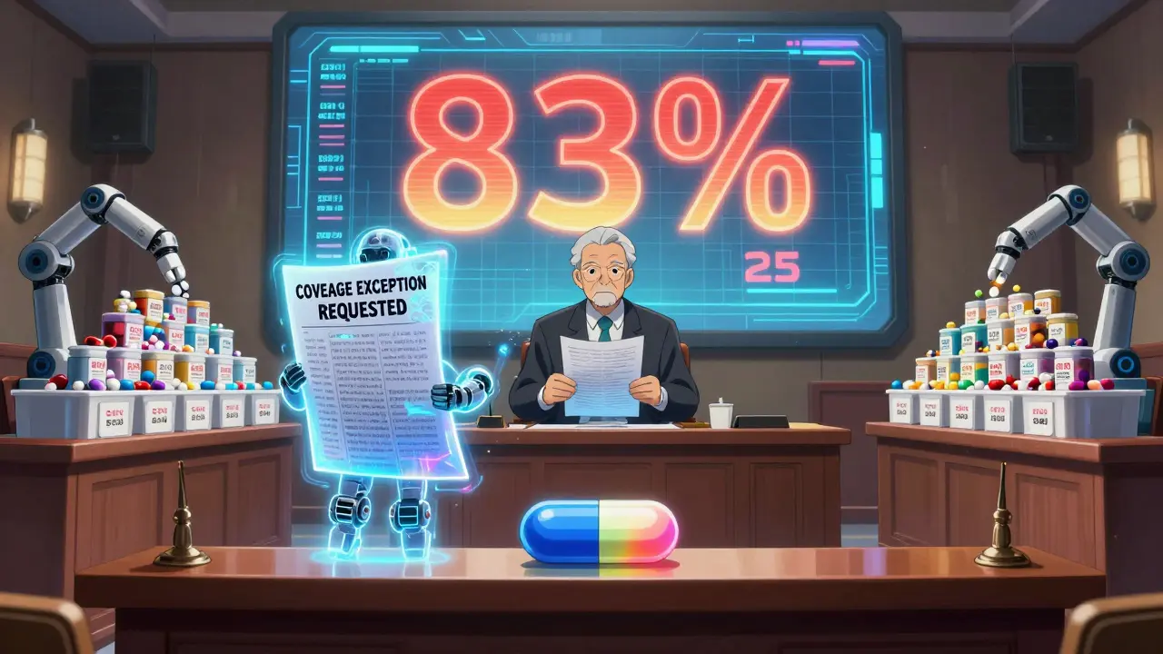 A senior presents a coverage request to a judge AI, as a floating pill refracts light into savings colors.
