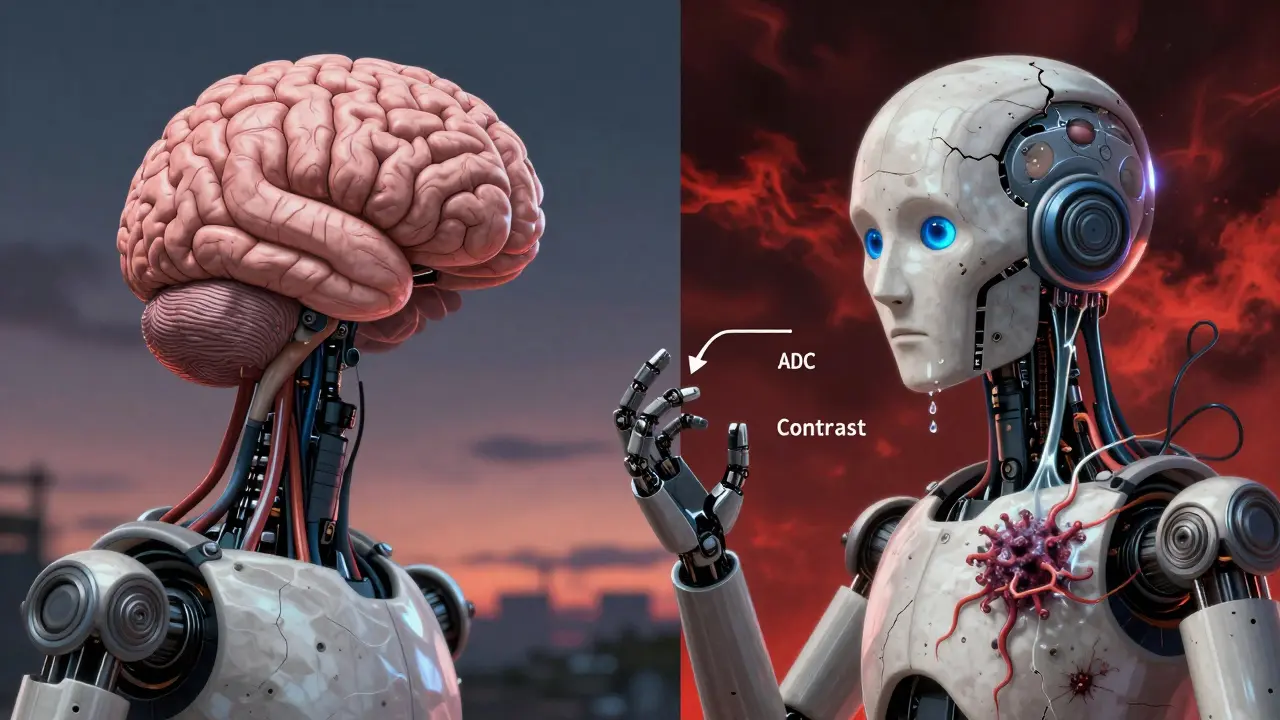A split image of a healthy vs. damaged robotic brain with diagnostic tools nearby.