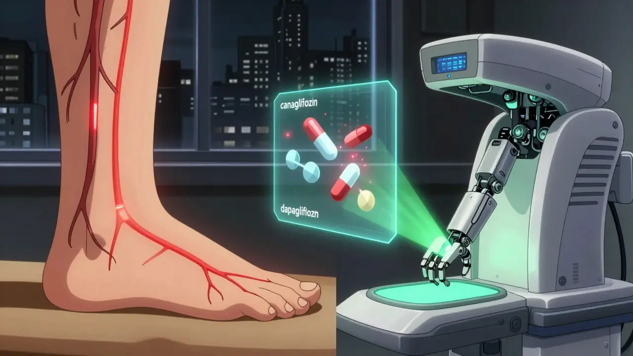 A split image showing damaged foot arteries on one side and a green ABI scanner on the other, with pills floating in between.