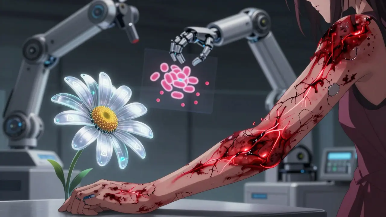 A woman's bruised arm glows with pulsing veins as a mechanical feverfew flower disintegrates beside her, monitored by medical tech.