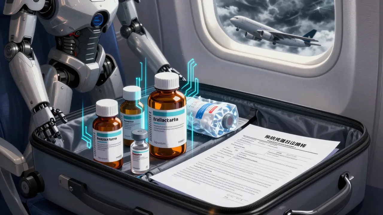 Carry-on bag with prescription bottles, ice pack, and doctor’s letter on airplane seat