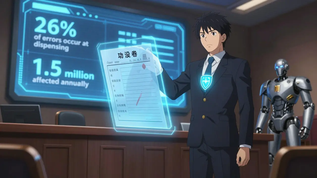 Courtroom hologram of wrong medication vs. prescription, plaintiff with justice emblem, stats in background.