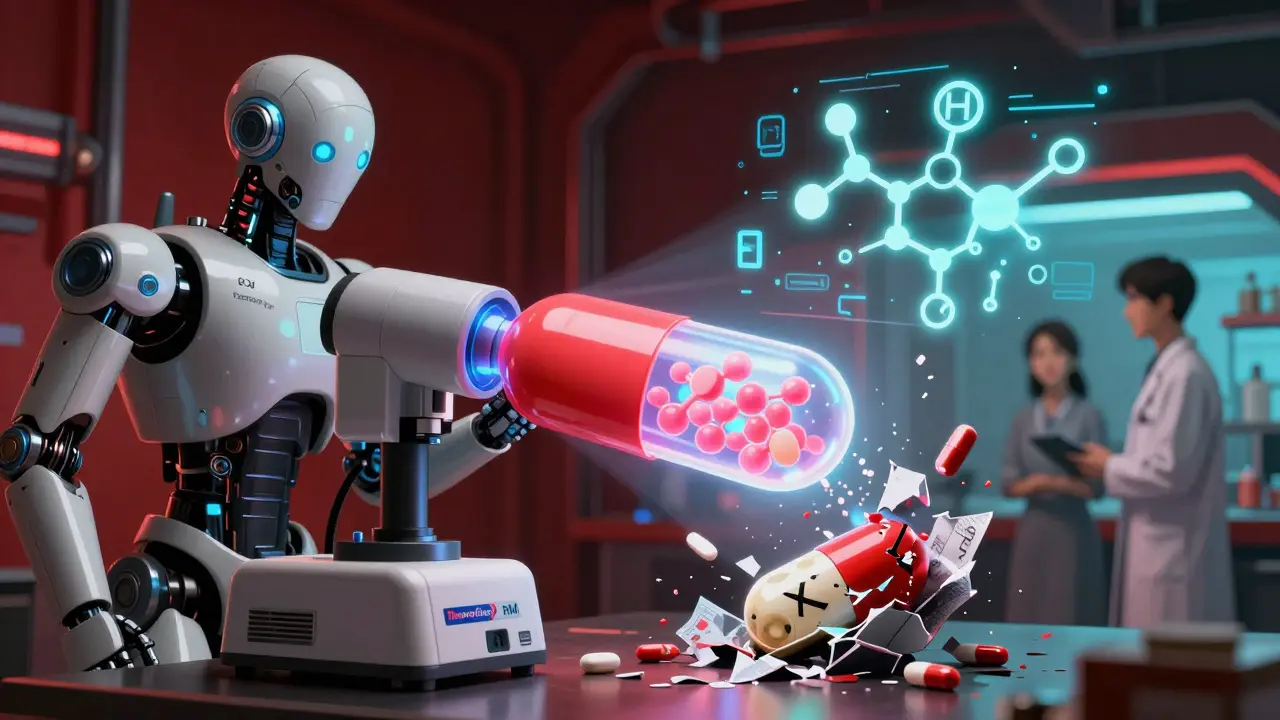 Device analyzing a pill with infrared light, revealing toxic chemical structure in counterfeit.