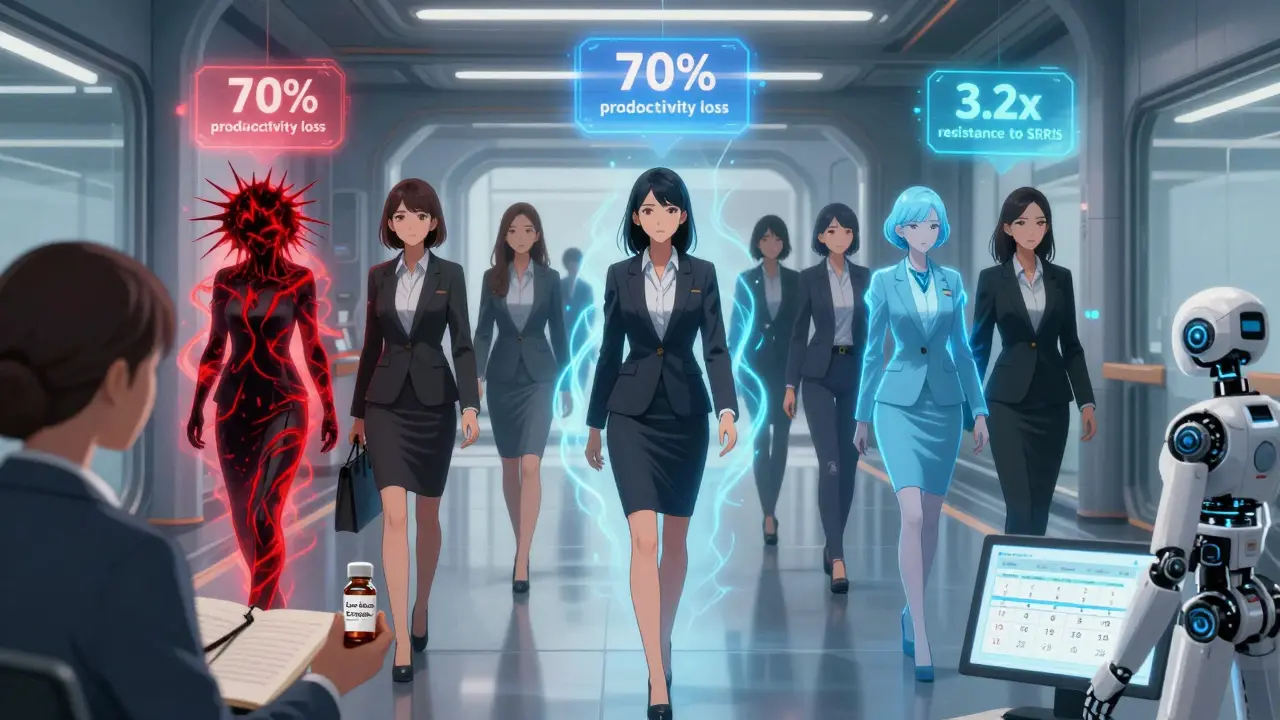 Diverse women in a futuristic office, each with unique mood auras, one handing another estrogen and a journal.
